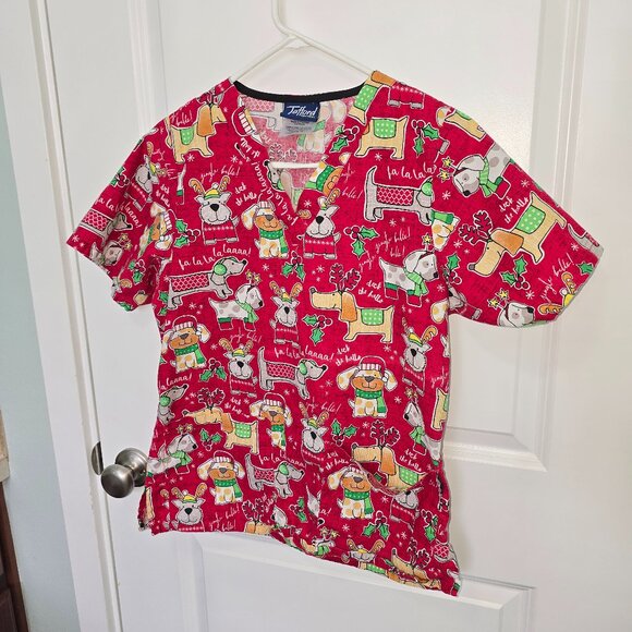 Tafford Uniforms Scrub Top Red Christmas Dog Size XS Vet Tech Nurse Medical - Picture 1 of 6